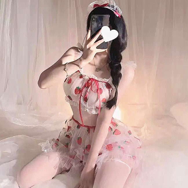 Image of Pure desire couple fun lingerie see-through chiffon sweet sexy suspender seduction strawberry thin nightdress suit women's suit